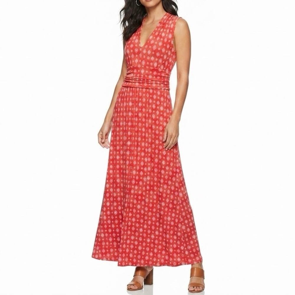Vince Camuto Red White Medallion Print Sleeveless Ruched Waist Maxi Dress Size M